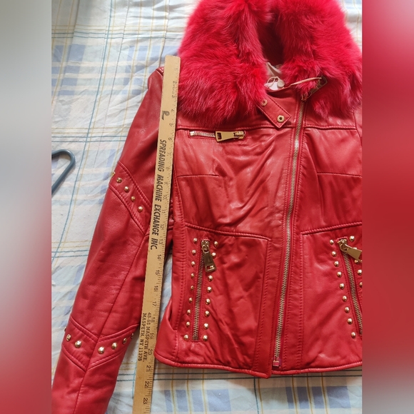 Flo Clo red leather fur studded jacket size 42 - Picture 7 of 12
